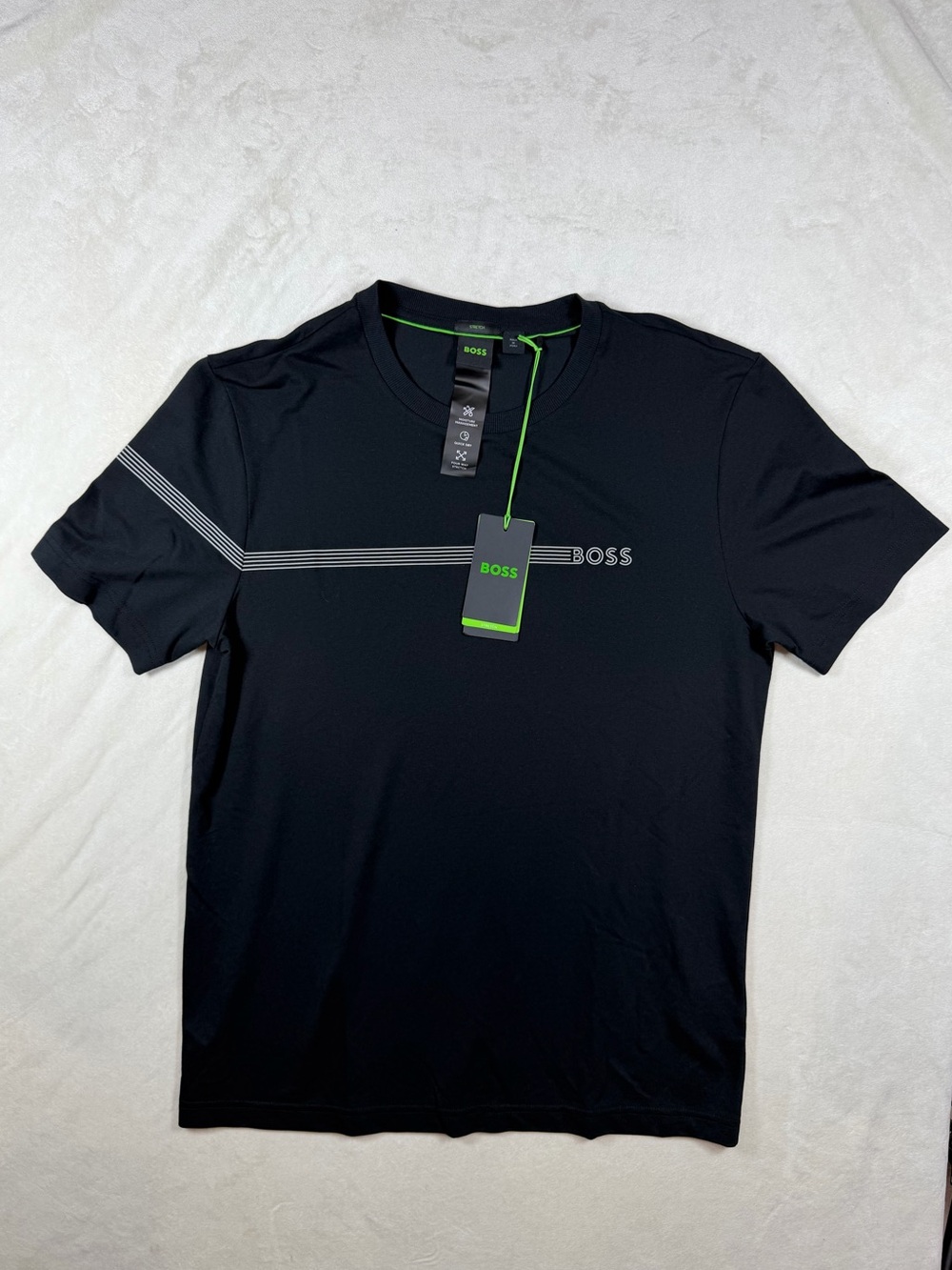 NWT BOSS Size Large Performance Black Short Sleeve Crew Neck Tee Subtle Stripe